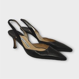 Manolo Blahnik Carolyne Leather Pumps Brown Slingback Kitten Heels Size 38.5